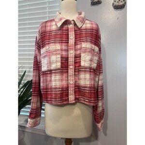 American Eagle Cropped Flannel Shirt Large Pink Grunge Girly Cute 90s Y2K Casual